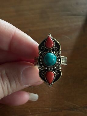 Tibetan Gold Tone Silver Plated Turquoise& Coral Teardrop Ring Size 10